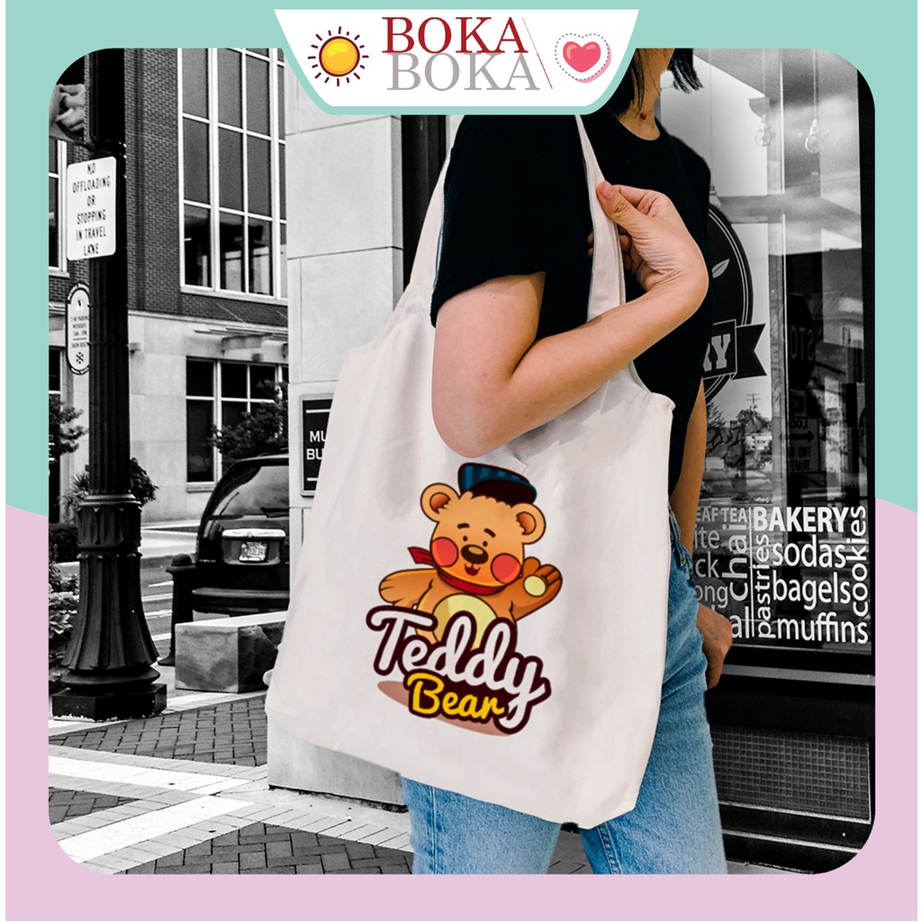 Túi Tote Canvas Vải Bố In Hình Teddy Bear Quai Tròn Có Khóa Miệng Túi