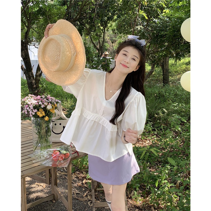 Áo Kiểu Tay Phồng Cổ Chữ V Dáng Rộng Thiết Kế Ngọt Ngào Thời Trang Mùa Hè Mới Cho Nữ