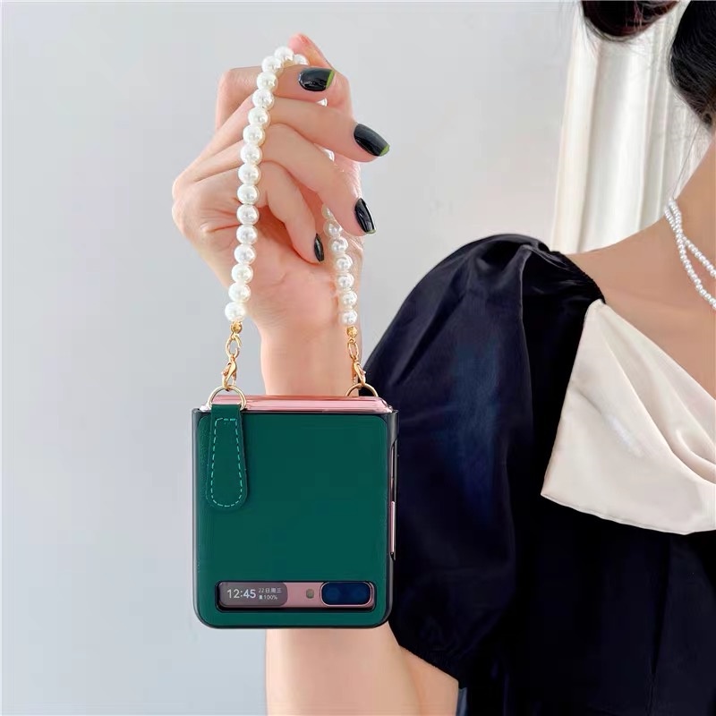 Bao Da Điện Thoại PU Dạng Gập Chống Sốc Có Dây Xích Cho Samsung Galaxy Z Flip 3 Flip1/2