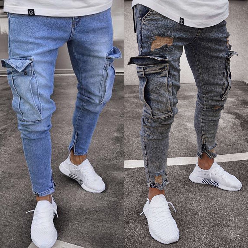 Quần Jean Trench Knee Holes Zipper Pants Big Pocket to của New Men's