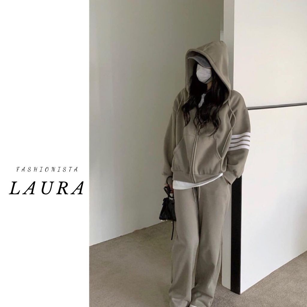 Set áo khoác nỉ  có khóa sọc tay dáng rộng kèm quần nỉ jogger Laura Boutique | BigBuy360 - bigbuy360.vn