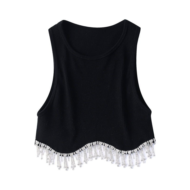 Áo Croptop Cổ Tròn Đính Đá Phối Tua Rua Thời Trang Cho Nữ