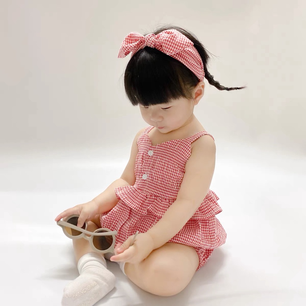 Áo liền quần hai dây họa tiết kẻ sọc caro và băng đô thời trang mùa hè dành cho bé gái sơ sinh