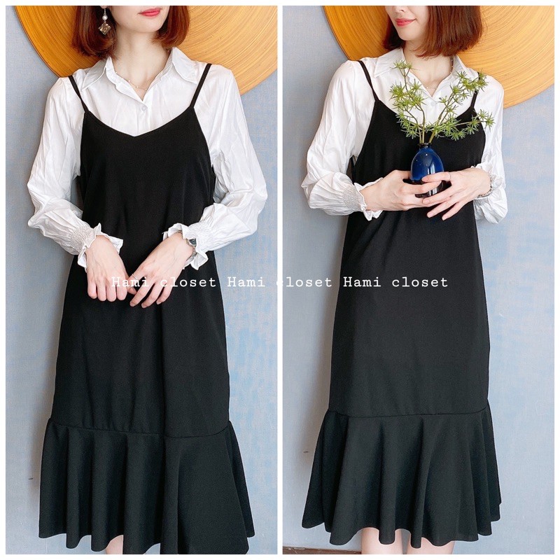Váy yếm hai dây dáng dài đầm suông đuôi cá phong cách Ulzzang màu đen hàng có size YY01