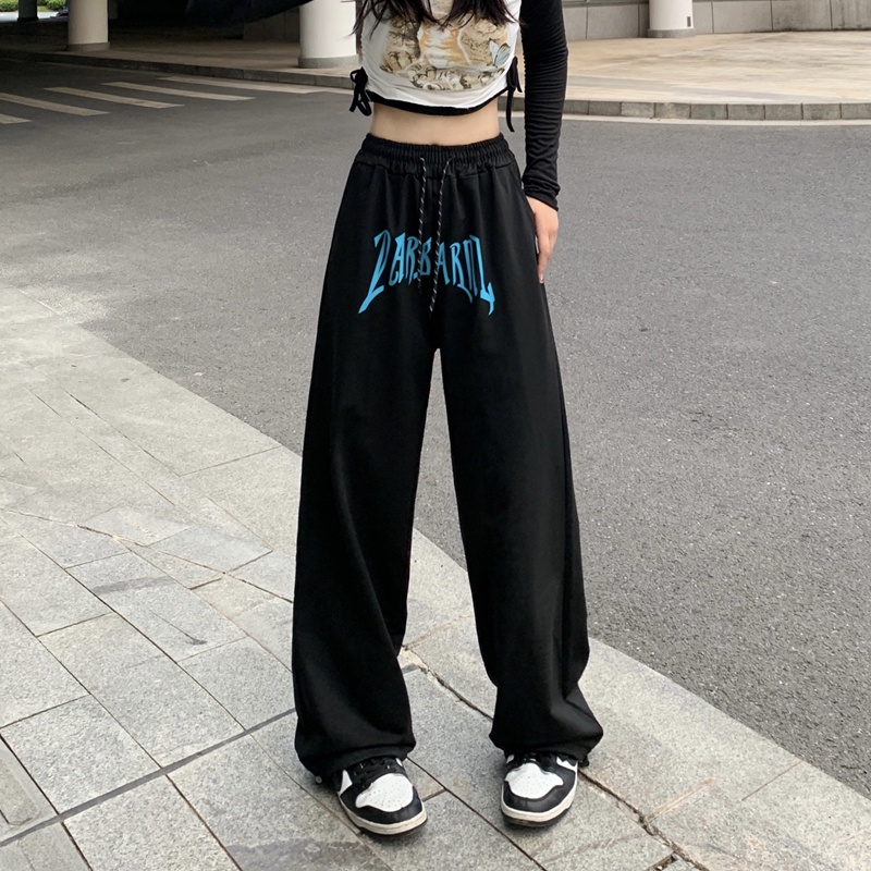 SUXI Quần Dài Lưng Cao Ống Rộng Màu Đen In Họa Tiết Monogram Thời Trang Cho Nữ