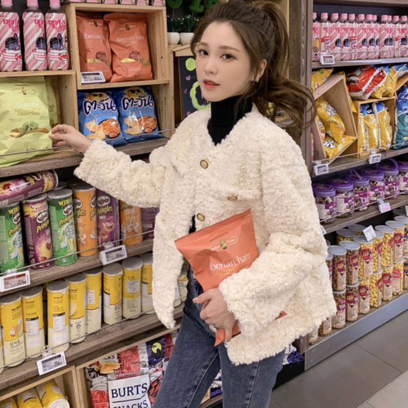 Áo Khoác Lông Cừu Tay Dài Phong Cách Hàn Quốc Thời Trang Cho Nữ