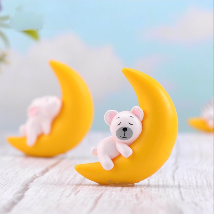Mô hình thú ngủ mặt trăng (mèo, gấu, thỏ, chó trắng) làm móc khóa, trang trí Jibbitz, tiểu cảnh, terrarium, DIY