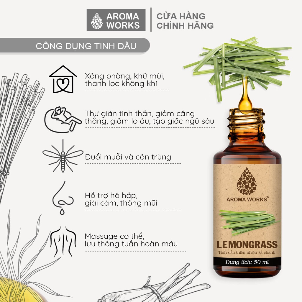 Tinh dầu Sả Chanh Aroma Works xông phòng, dễ ngủ, khử mùi, đuổi muỗi, thanh lọc không khí - Lemongrass