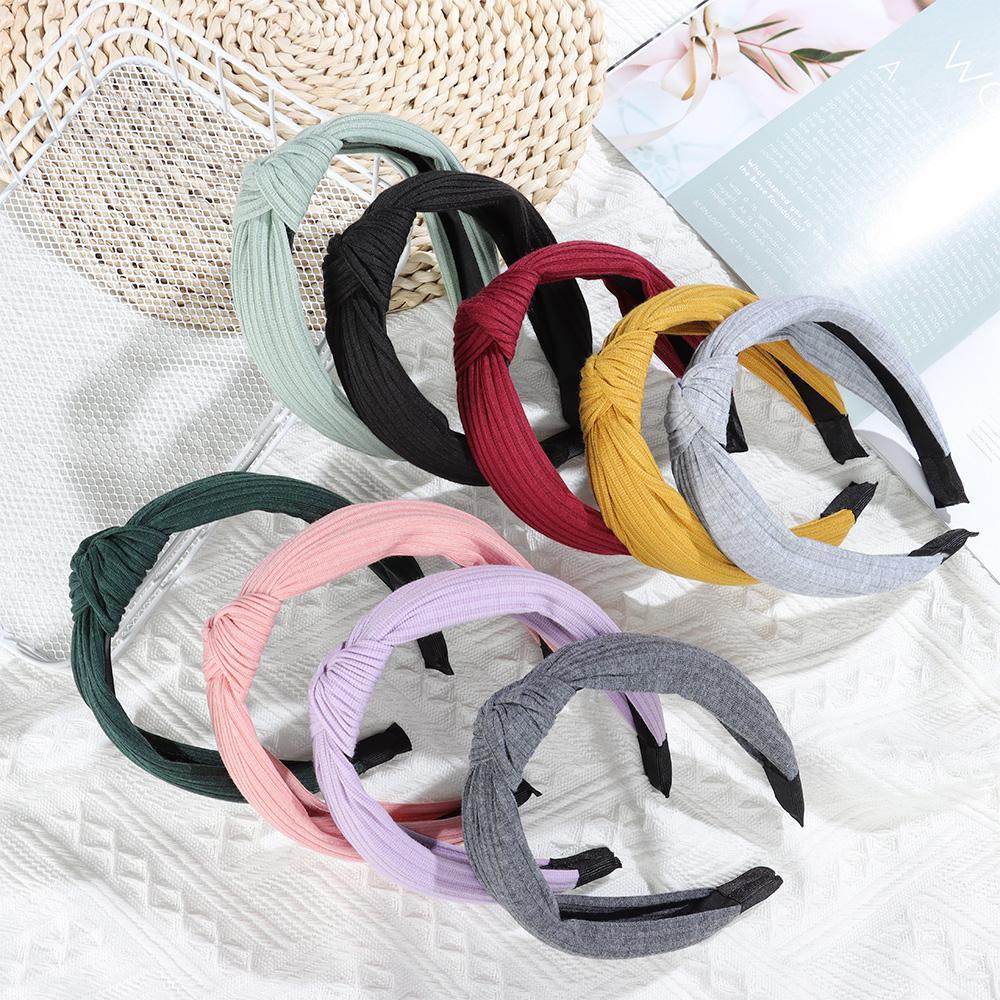 Băng Đô Cài Tóc Bản Rộng Bằng Len Màu Trơn Thắt Nơ Xinh Xắn