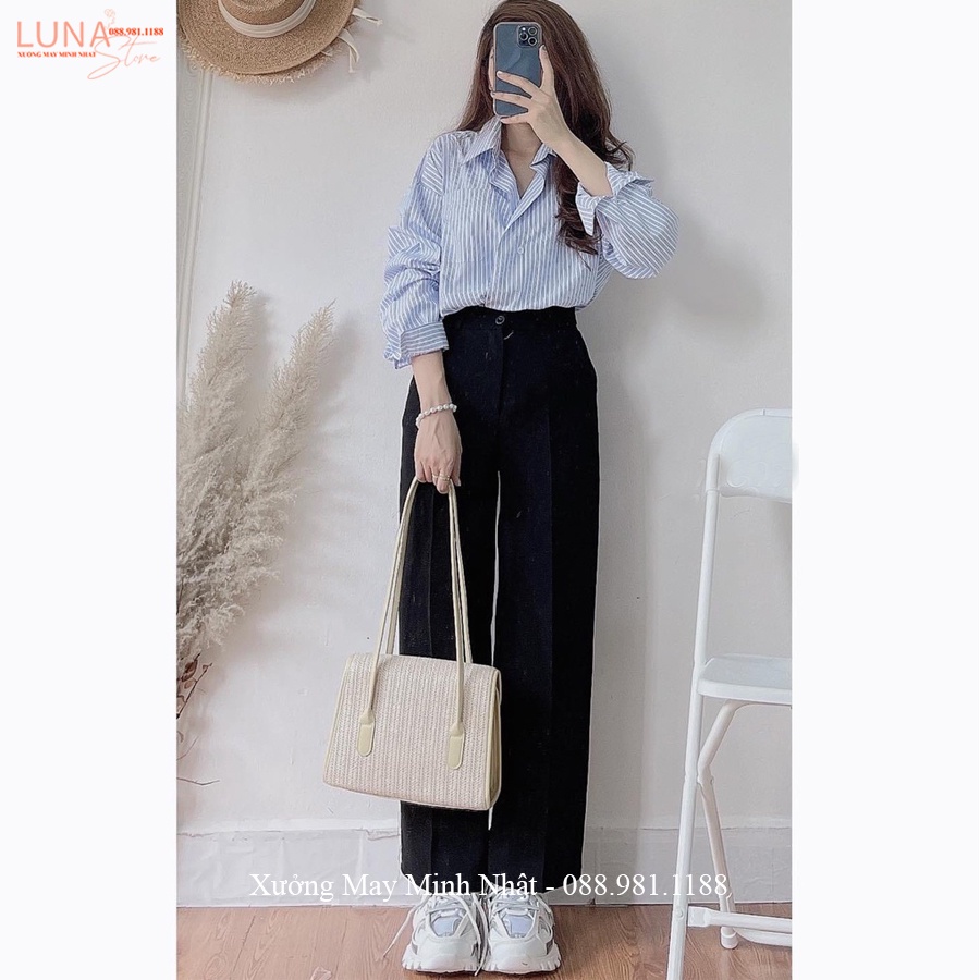 Quần ống rộng lưng cao đi học làm công sở khóa trước màu Đen dáng quần tây ống rộng cạp cao vải tuyết mưa dày dặn mềm