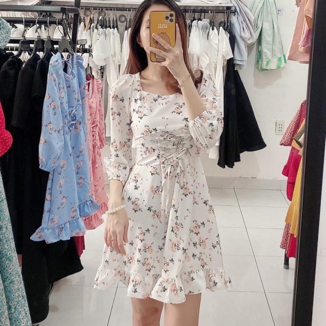 Đầm Hoa Đan Dây xanh/hồng/trắng