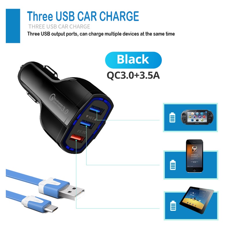 Củ sạc nhanh trên xe hơi FONKEN 3 trong 1 cổng cắm USB thông minh QC3.0