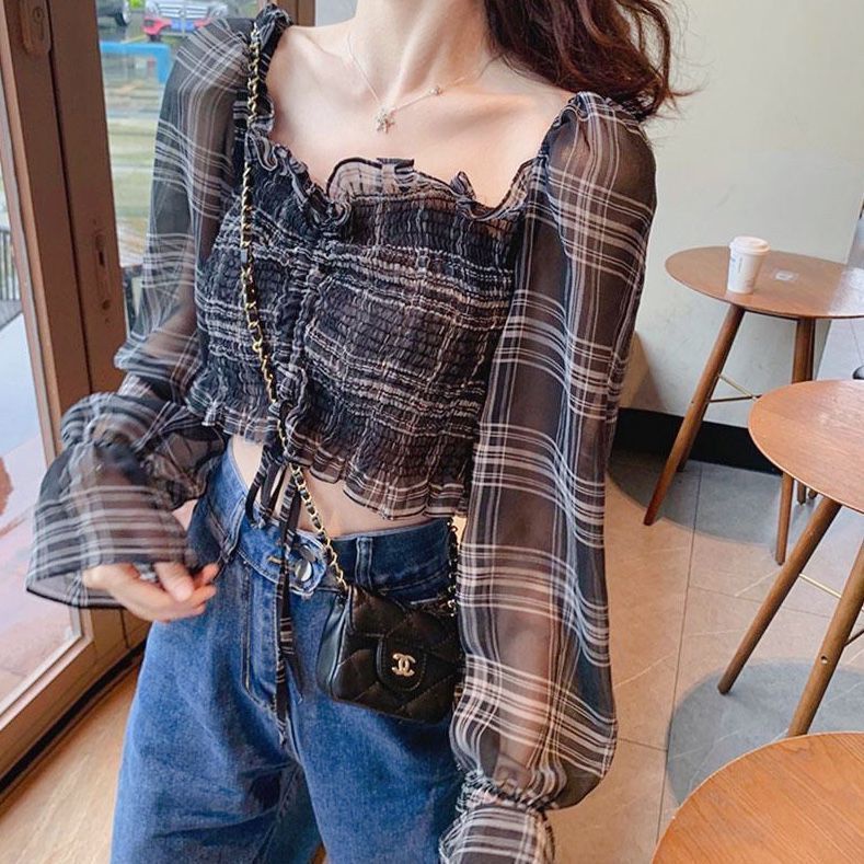 Áo Croptop Vải Voan Phối Dây Rút Kẻ Sọc Kiểu Retro Cho Nữ