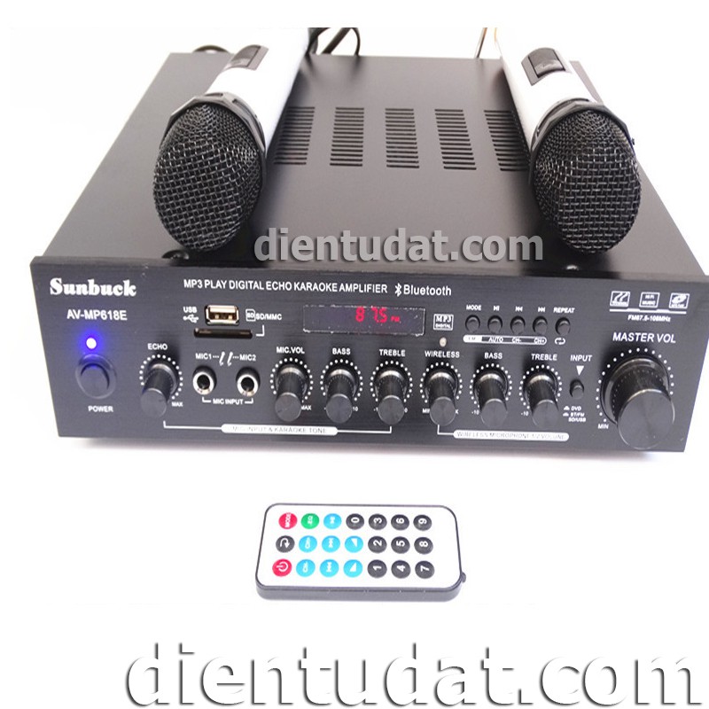 Bộ Ampli Karaoke Bluetooth 220VAC 2*100W Kèm 2 Micro Không Dây  - DE618E