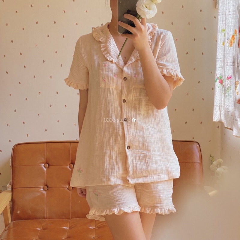 Pyjama muslin thêu tay- Bồng Bềnh mùa hè-0303 studio ✿