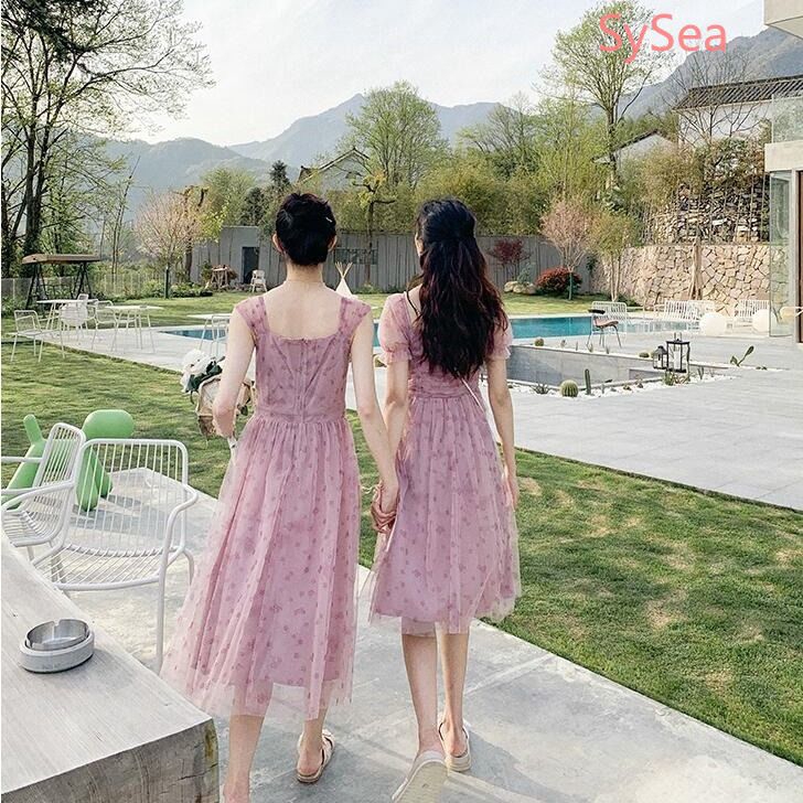 Women Pink Floral Mesh Dress Summer Short-sleeved A-line Dress
