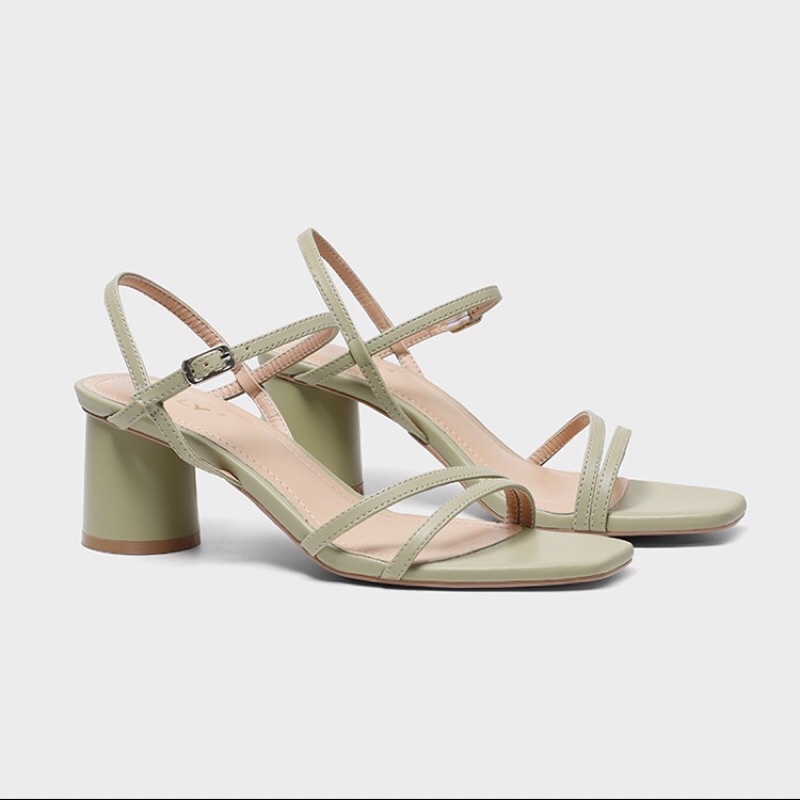 Giày sandal dily gót vuông quai mảnh 5cm màu xanh lá trẻ trung