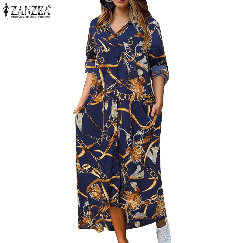 Đầm maxi ZANZEA tay dài cổ mép lật có túi bên hông in họa tiết phong cách vintage