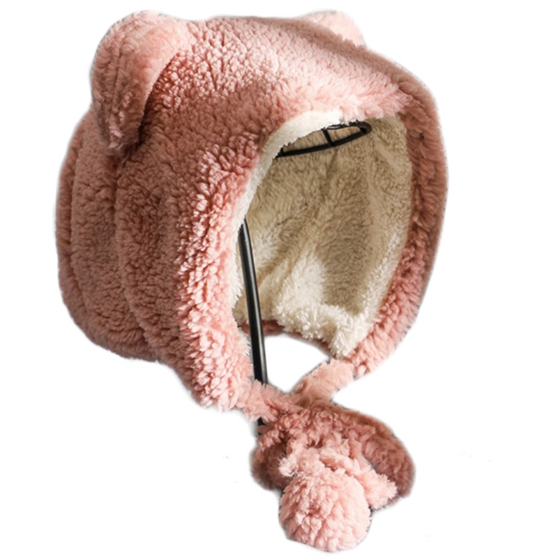 Mũ lông nhung dày dặn hình tai gấu có dây buộc cằm đính quả bông giữ ấm chống gió mùa đông cho nữ