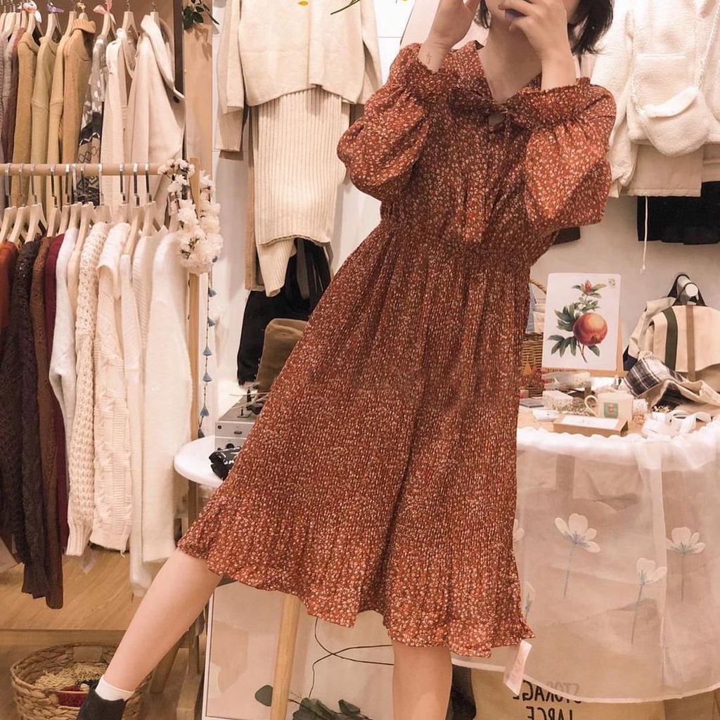 Váy KIRI Cam Nâu Vintage Dáng Dài Cổ Điển - Váy Lụa Mềm
