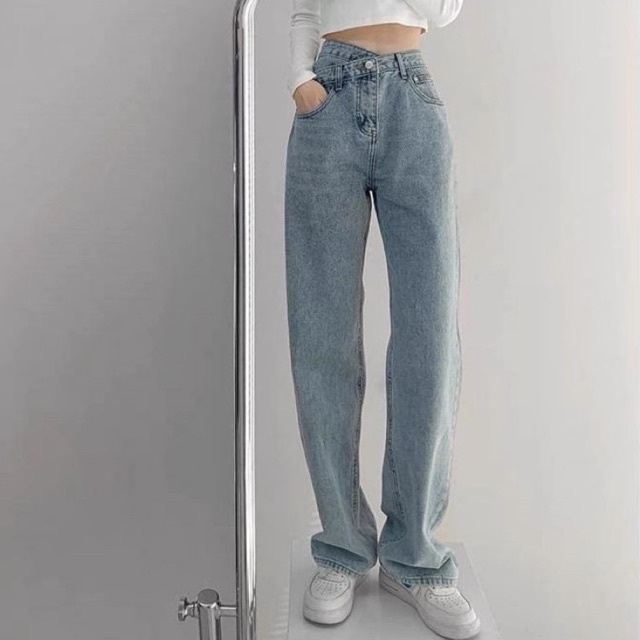 Quần Jeans Ống Rộng Xanh - Quần Ống Rộng Nữ Dáng Suông 1 Cúc Cạp Chéo Ulzzang Q51