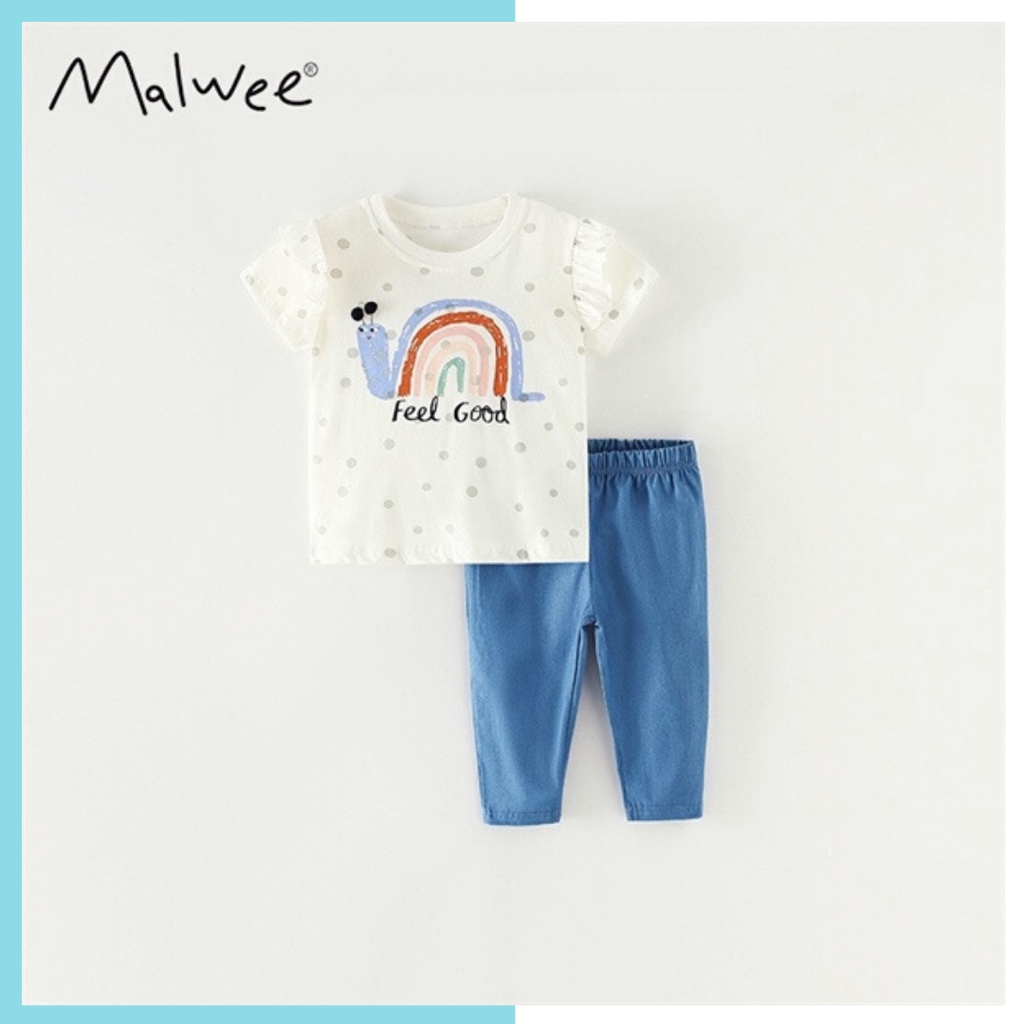 Bộ hè cotton bé gái Malwee (2-8 tuổi) cầu vồng chấm bi quần lửng 7441