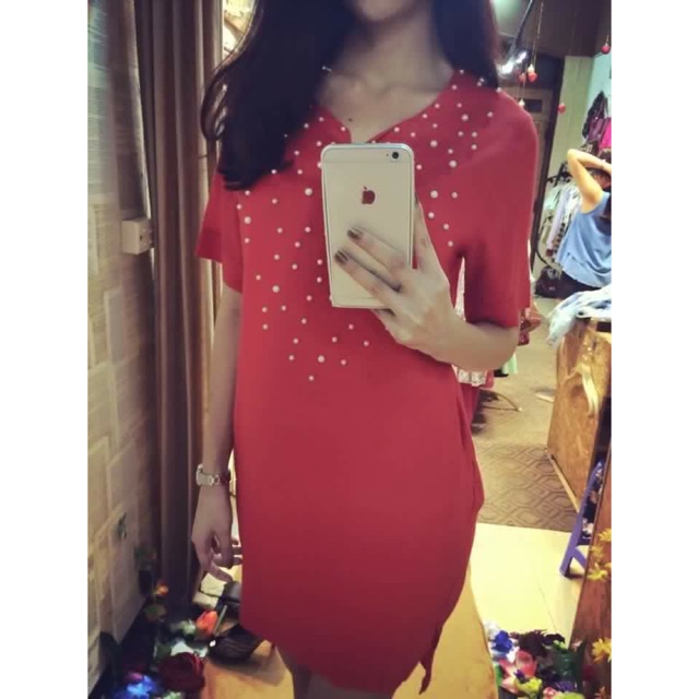 Đầm suông đính ngọc trai