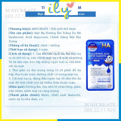 Mặt Nạ Dưỡng Ẩm Dưỡng Trắng Da HA Maycreate Mask HA xanh tím 1 miếng Hàng Nội Địa Trug