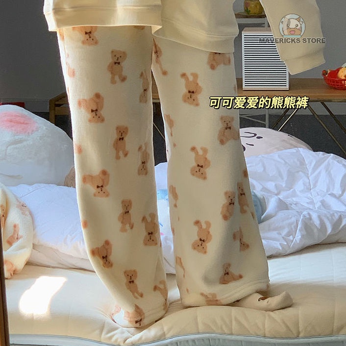 Quần dài nhung san hô dày và ấm có in hình gấu hoạt hình dễ thương cho phụ nữ mùa thu đông