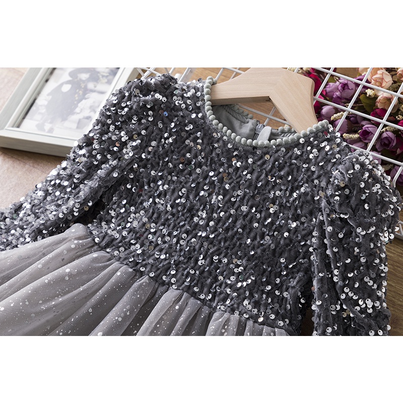 Đầm công chúa NNJXD tay dài đính kim sa có kẹp tóc thời trang xuân thu năm mới xinh xắn cho bé gái 3-8 tuổi