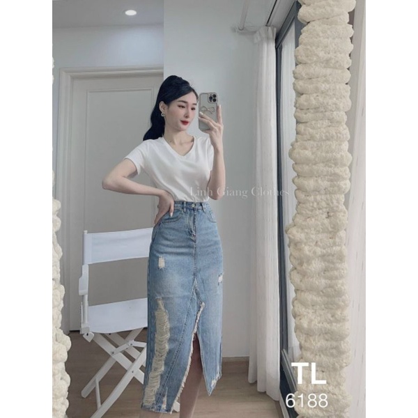 Chân váy jean rách xẻ giữa hàng QCL1