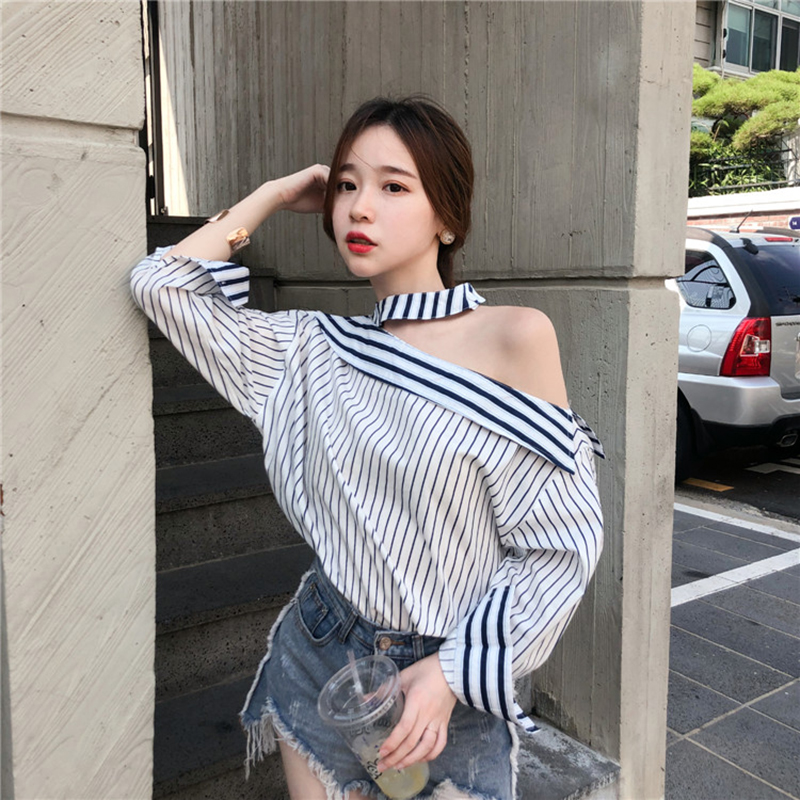 Áo Sơ Mi Dài Tay Trễ Vai Họa Tiết Kẻ Sọc Thời Trang Cho Nữ