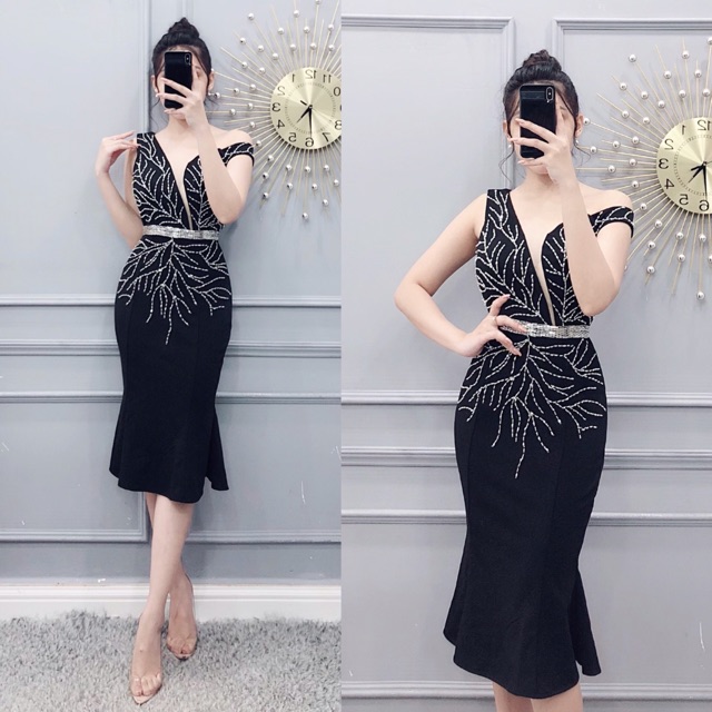 Ảnh thật_ Đầm body kết cườm trễ vai sang trọng | BigBuy360 - bigbuy360.vn