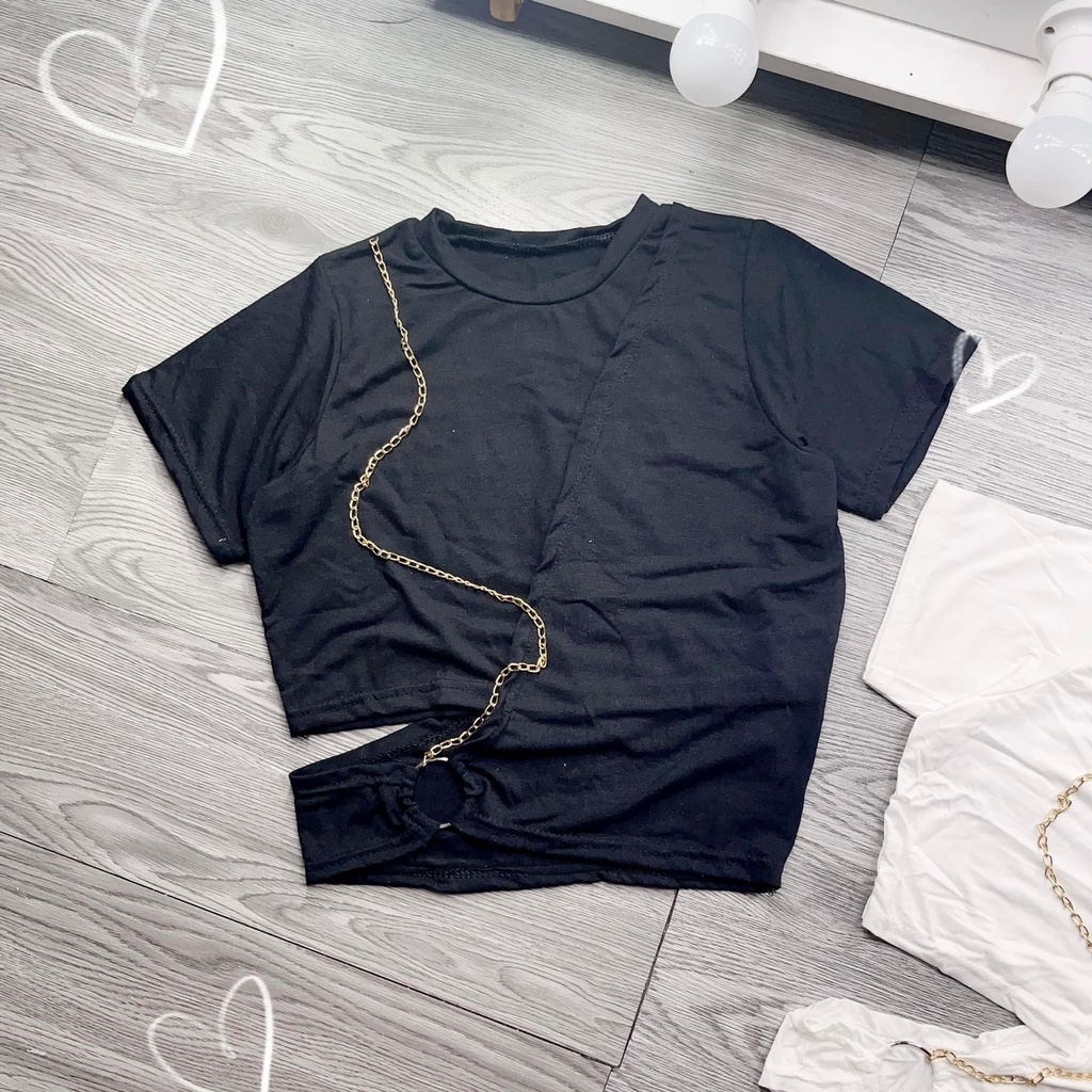 Áo thun lụa croptop tay ngắn cắt xẻ eo phối khoen đính xích TU120