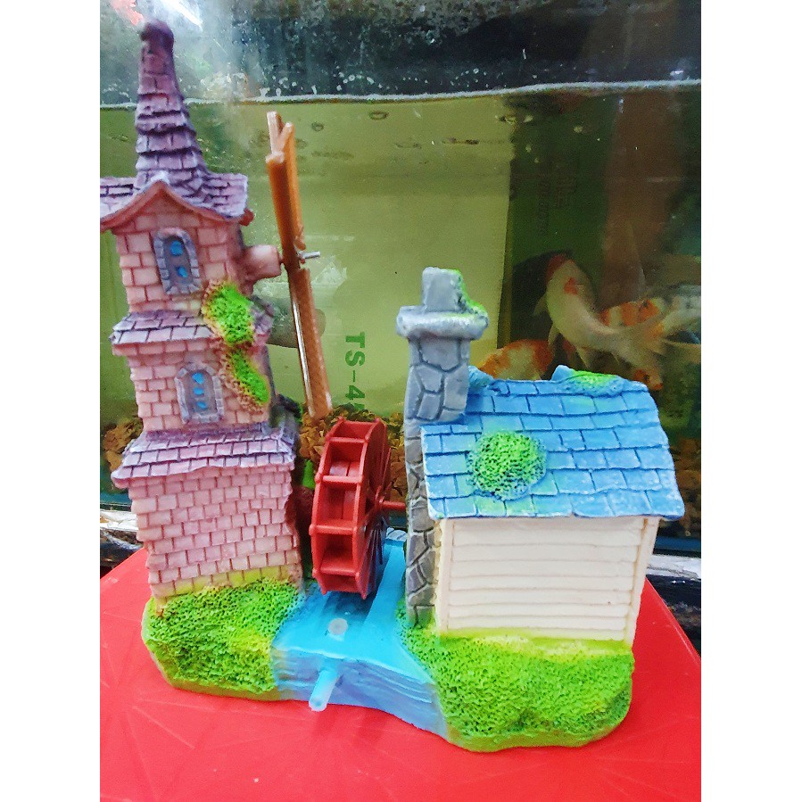 NHÀ CÓ BÁNH QUAY TRANG TRÍ HỒ CÁ NON BỘ 17x9x20CM MẪU 2