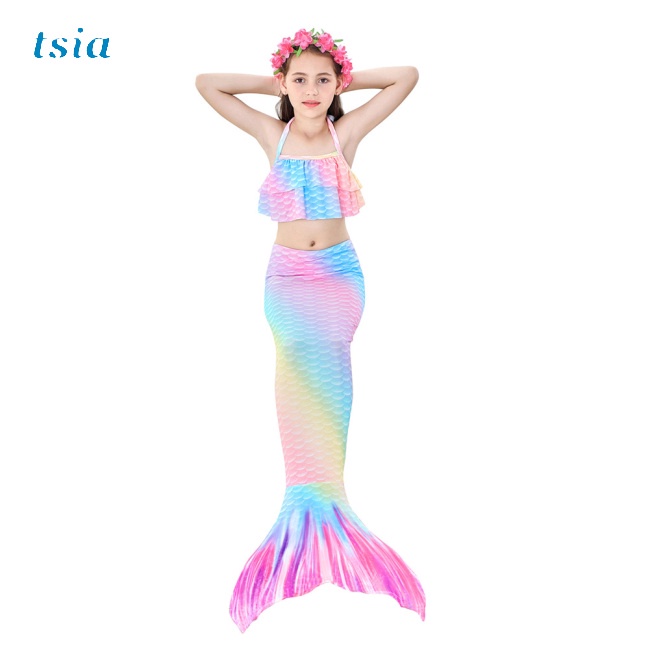 Bộ Đồ Bơi 3 Món Gồm Áo Croptop Hai Dây Và Quần Lót Màu Sắc Gradient Dành Cho Bé Gái 3-12 Tuổi