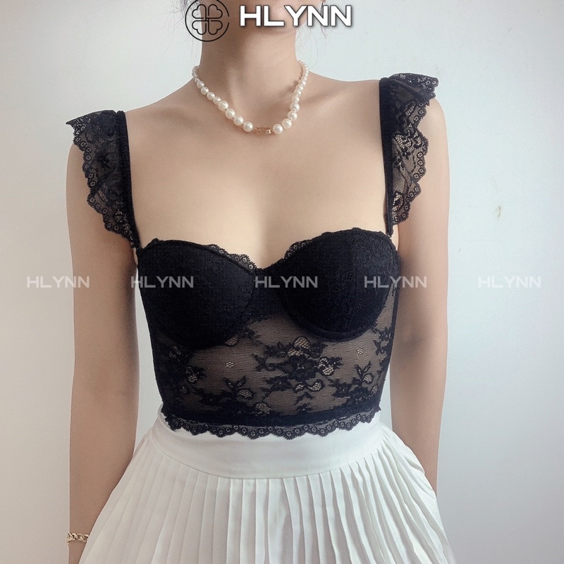 Áo corset ren đen trắng tay bèo cánh tiên có gọng mút m161
