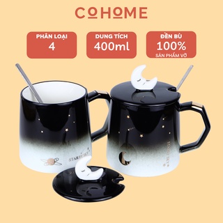 Cốc sứ có nắp họa tiết hình trăng sao bền đẹp, dung tích 400ml, chất liệu gốm sứ cao cấp, 4 phân loại dễ thương