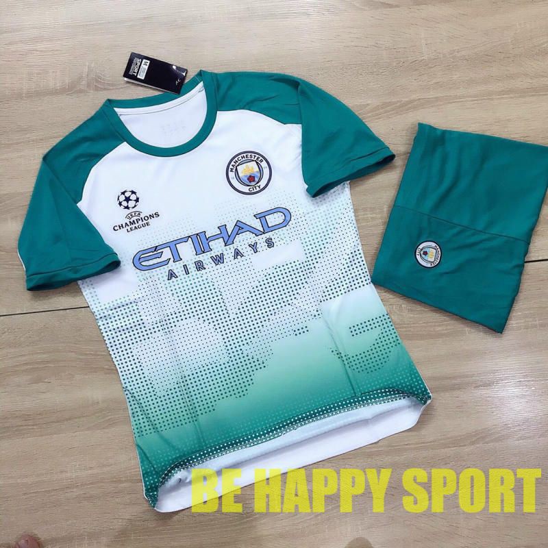 Bộ Quần Áo Đá Banh Mancity Trắng Tay Xanh Quần Xanh Mặc Mát Co Giãn - Áo Thể Thao Nam PP Bởi Be Happy Sport MACI1104