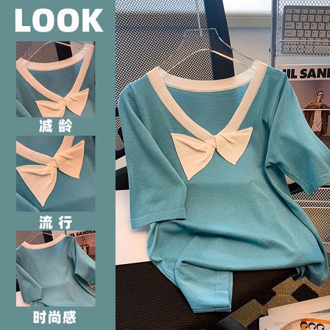 Áo Thun Dệt Kim Tay Ngắn Cổ Chữ V Thiết Kế Mới Thời Trang Mùa Hè Cho Nữ