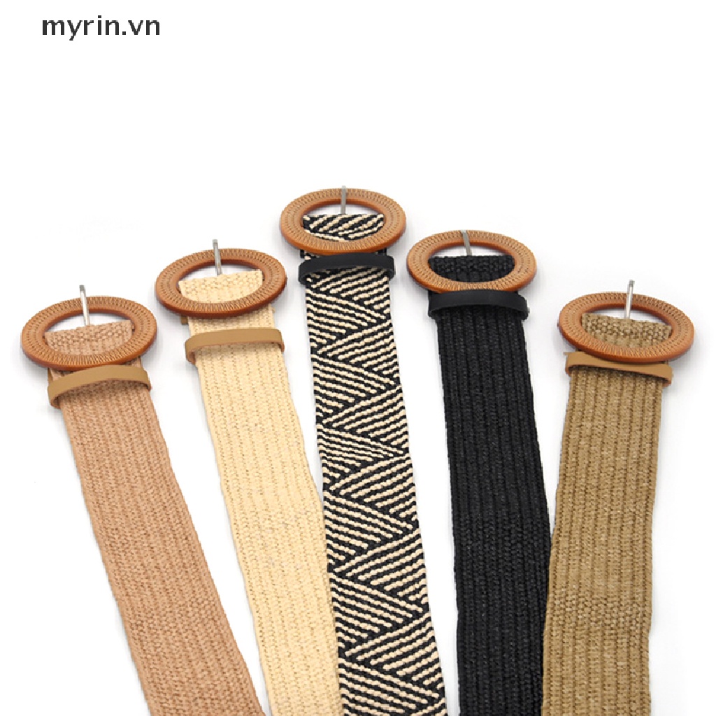 Thắt Lưng Dây Rơm Bện Co Giãn Khóa Tròn Phong Cách Boho Cổ Điển Cho Nữ