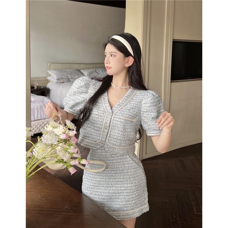 Set váy nữ áo croptop tiêu thư sang chảnh Hàn Quốc mùa hè dạ tweed SVN004