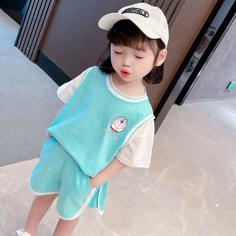 Bộ Áo Thun Ngắn Tay In Hoạt Hình + Quần Short Thời Trang Mùa Hè Hàn Quốc 2023 Cho Bé Gái