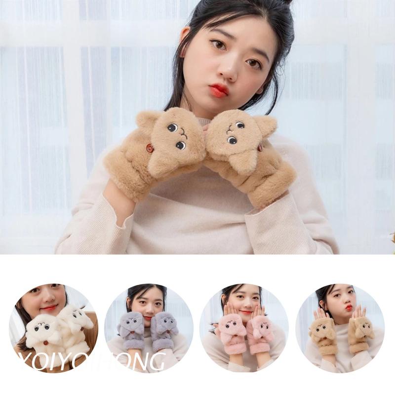 Găng tay hở ngón giữ ấm phối lông dày hình mèo dễ thương cho nữ