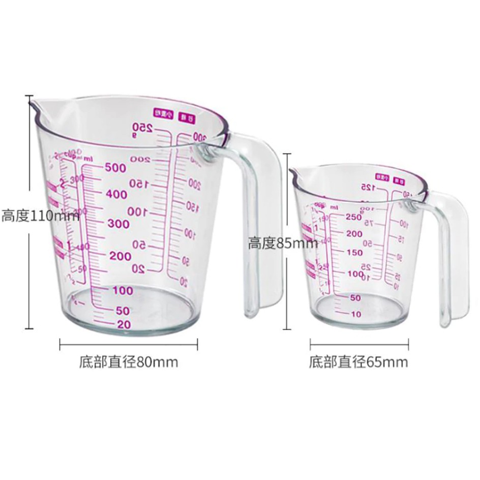 Ca đong nhựa / ly đong / cốc đong định lượng nguyên liệu 250ml-500ml (Có Vạch Đỏ)