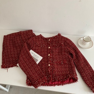 Set tweed đỏ khuy vàng S-038, áo khoác dạ tweed tiểu thư kèm chân váy