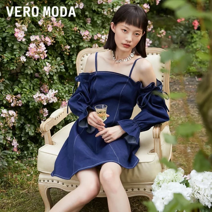 Vero Moda Váy Chữ A Vải Denim Tay Bèo Nhún Trễ Vai Phong Cách Pháp Cho Nữ 321242041