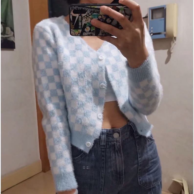 Áo cardigan kẻ ô vuông lông thỏ(có ảnh thật) | BigBuy360 - bigbuy360.vn