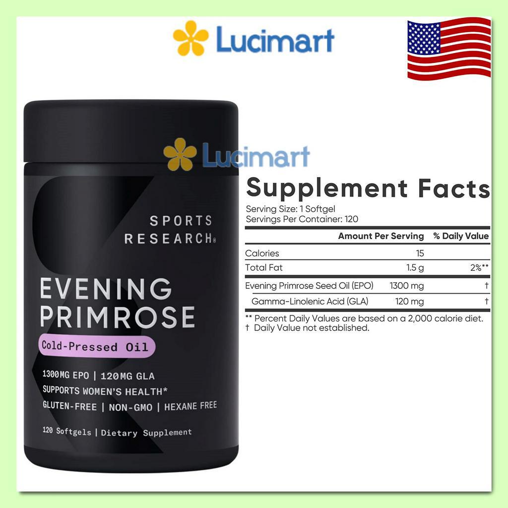 Viên uống dầu hoa anh thảo Evening Primrose 1300mg Sports Research hũ 120 viên [Hàng Mỹ, hạn dùng 2025]
