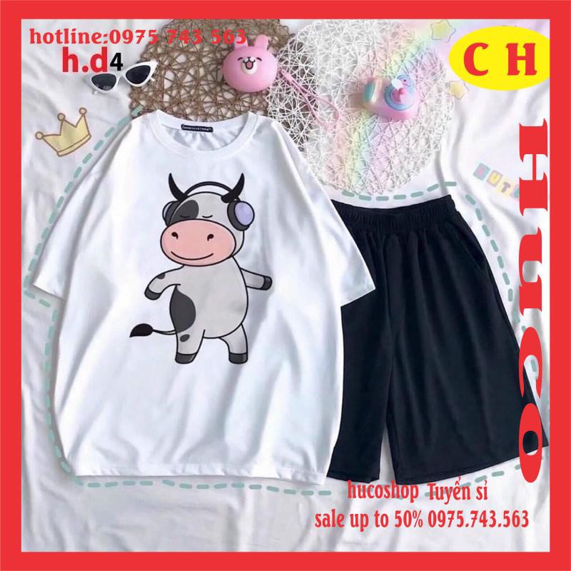 sét đồ bộ nam nữ áo thun áo phông hè ngắn tay chất cotton bò sữa các mẫu cute + quân đùi trơn đen basic form unisex 55kg